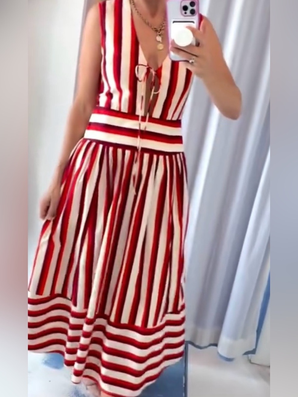 Olivia Red & Cream Striped Midi Dress